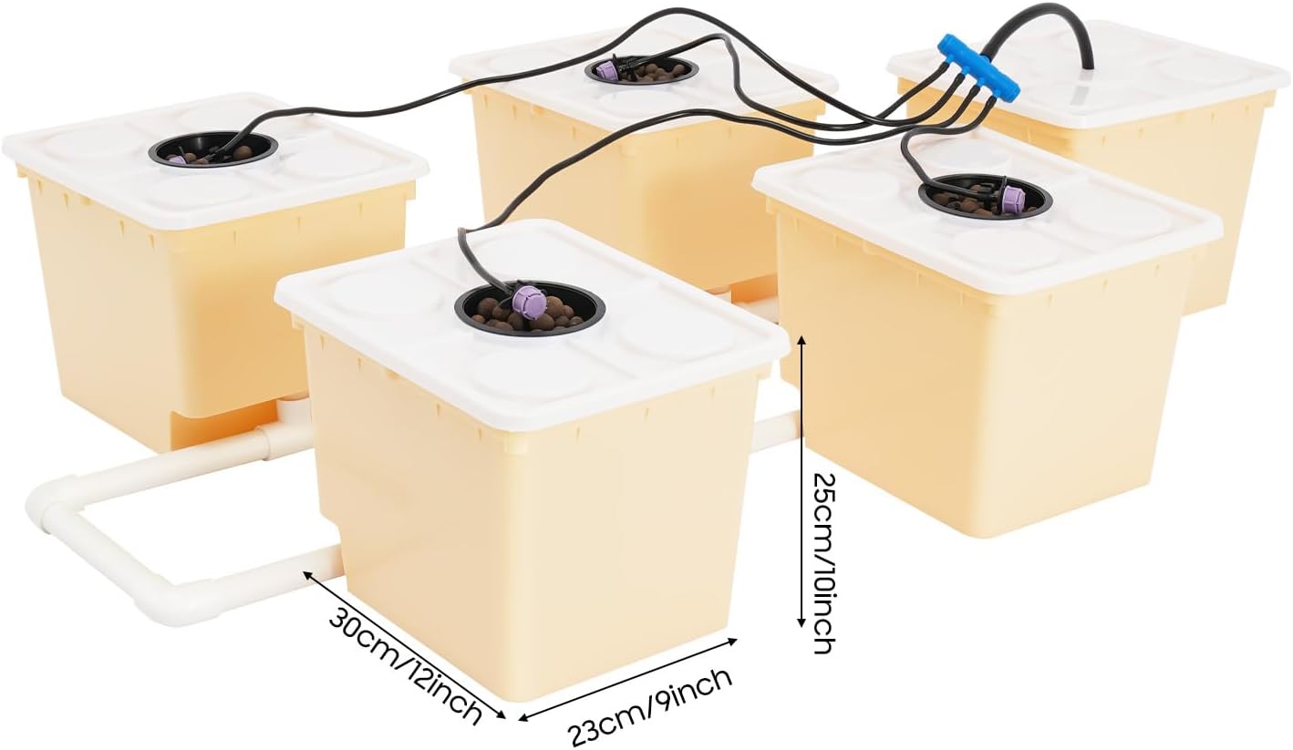 5 Buckets Drip Growing System, Indoor Outdoor Hydroponic Plant Buckets Kit Top Feed Drip Hydroponics Growing System, Recirculating Deep Water Culture Hydroponic Bucket System