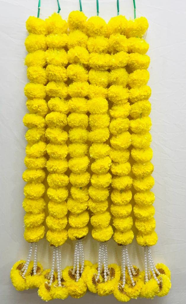 Sphinx Artificial Marigold Fluffy Flowers with Gota and Off-White Pearls/Beads Garlands/Strings for Festive Pooja Wedding Housewarming Decorations Approx 86cm/33.8in/2.82ft (Yellow, 6 Pieces)