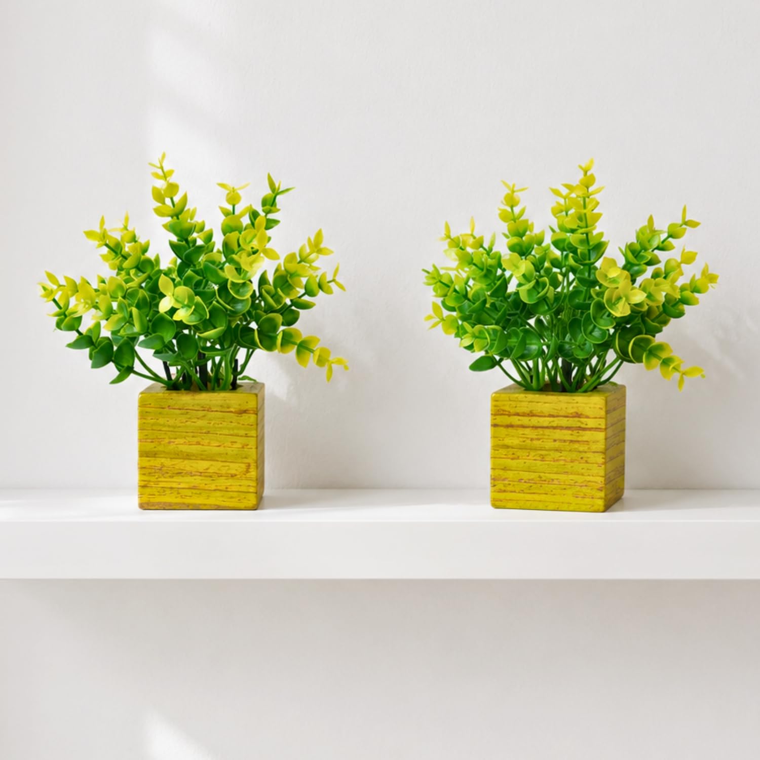 DecoreBugs Artificial Eucalyptus Plant with Plastic Pot (Pack of 2) | 12 cm Height | Mini Potted Plants for Shelf Décor, Home, Office, Living Room, Desk & Table Item Decoration