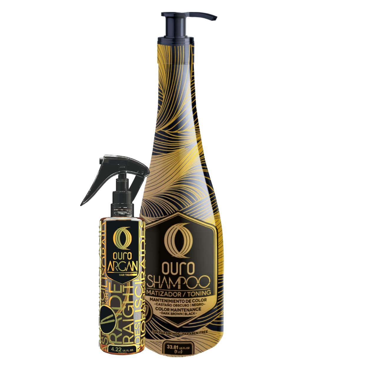 Kit Ouro Shampoo Nuancer Black, Dark Brown And Oil Spray Argan | Set Shampoo Matizante Negro (33.8oz - 1000ml) y Aceite en Spray de Argan (4.22oz - 125ml)
