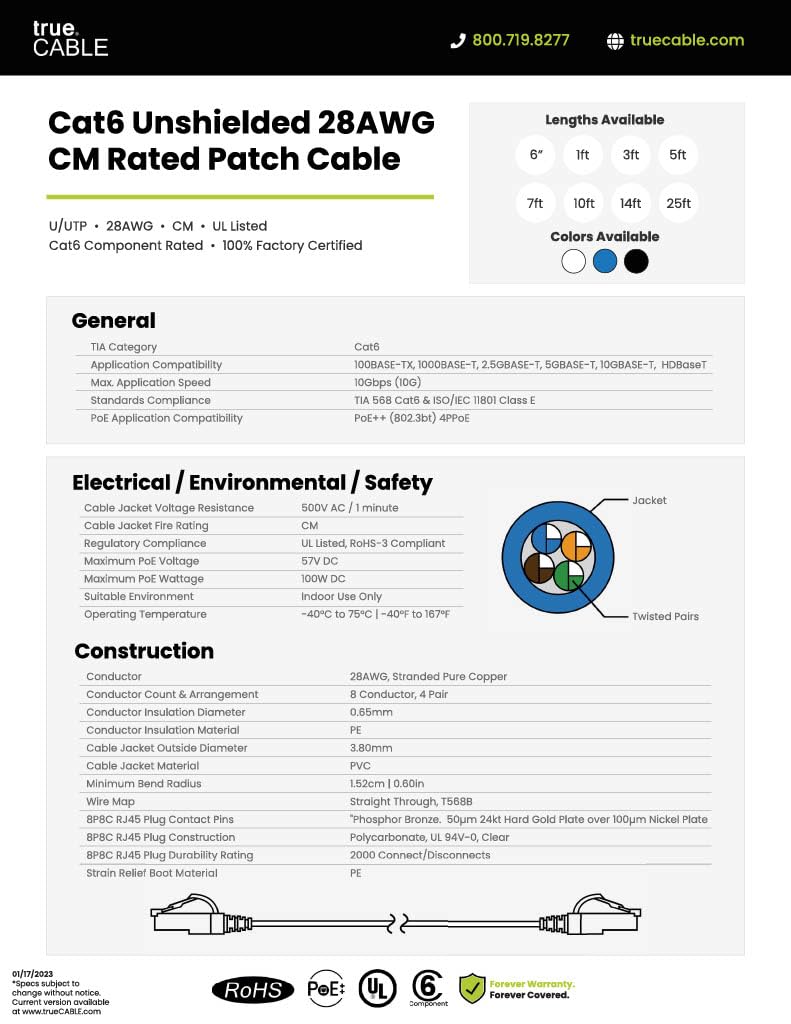TRUECABLE Cat6 Component Rated Patch Cable, Unshielded (U/UTP), 3ft, White, 28AWG Solid Copper, Snagless 10G High-Speed Ethernet Cable, PoE++ 4PPoE 100W, UL Listed, RoHS-3, 5 Pack