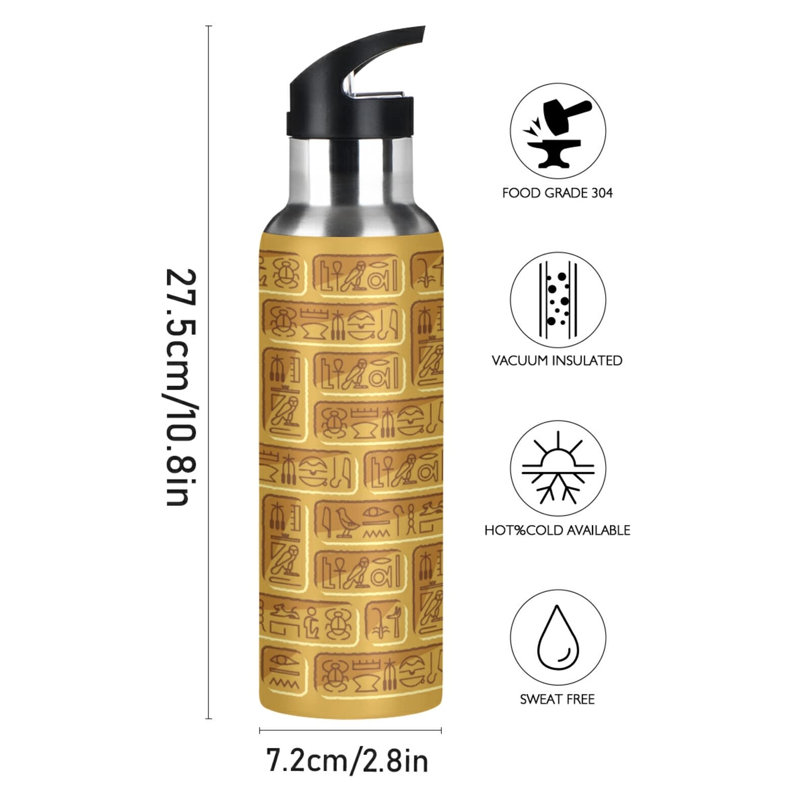 Mnsruu Labirinto di Personaggi Dell'Antico Egitto Borraccia Termica con Cannuccia Sportiva, Bottiglia Acqua in Acciaio Inox Isolato 600ML Senza BPA per Bevande Calde e Fredde per Bambini Scuola