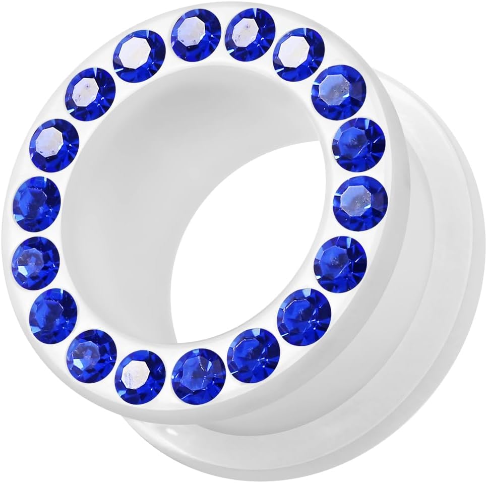 Multi Dark Blue Crystal Stone Setting on White Acrylic Ear Gauge Flesh Tunnel