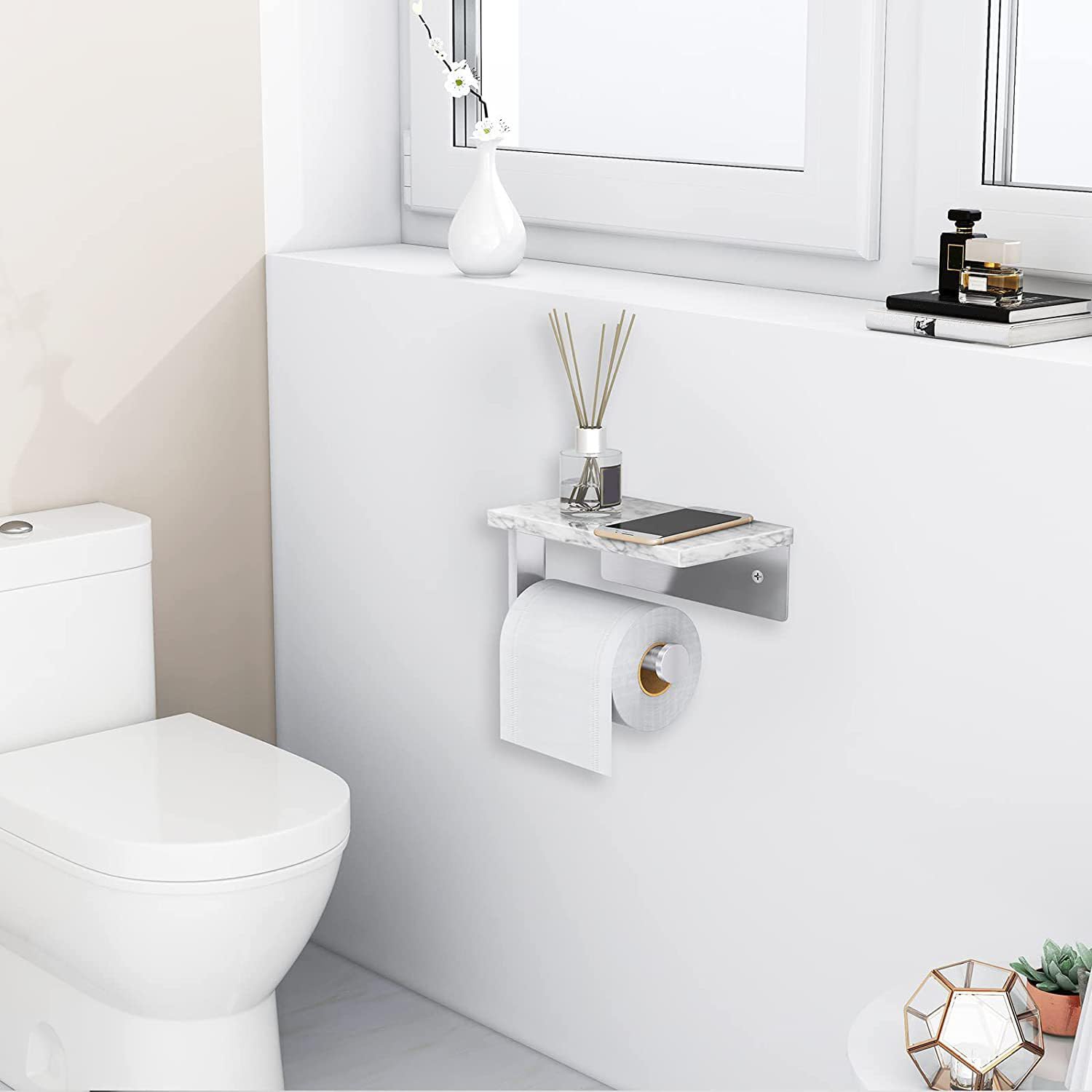 Inless - Soporte de acero para papel higiénico con estante de mármol blanco, autoadhesivo, montaje de tornillo, soporte para rollo de pañuelos de papel higiénico para baño y baño, Sto Solut (cepillo h