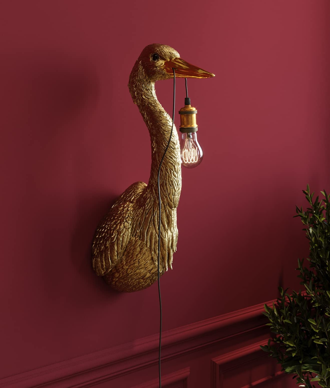 Kare Design Wandleuchte Reiher Gold Kunstharz, Vogel-Lampe, kreatives Lichtdesign, detailreich handgefertigt, dekorative Wandlampe, Wohnzimmer, Flur, anschlussfertig mit Stecker, Höhe 57 cm