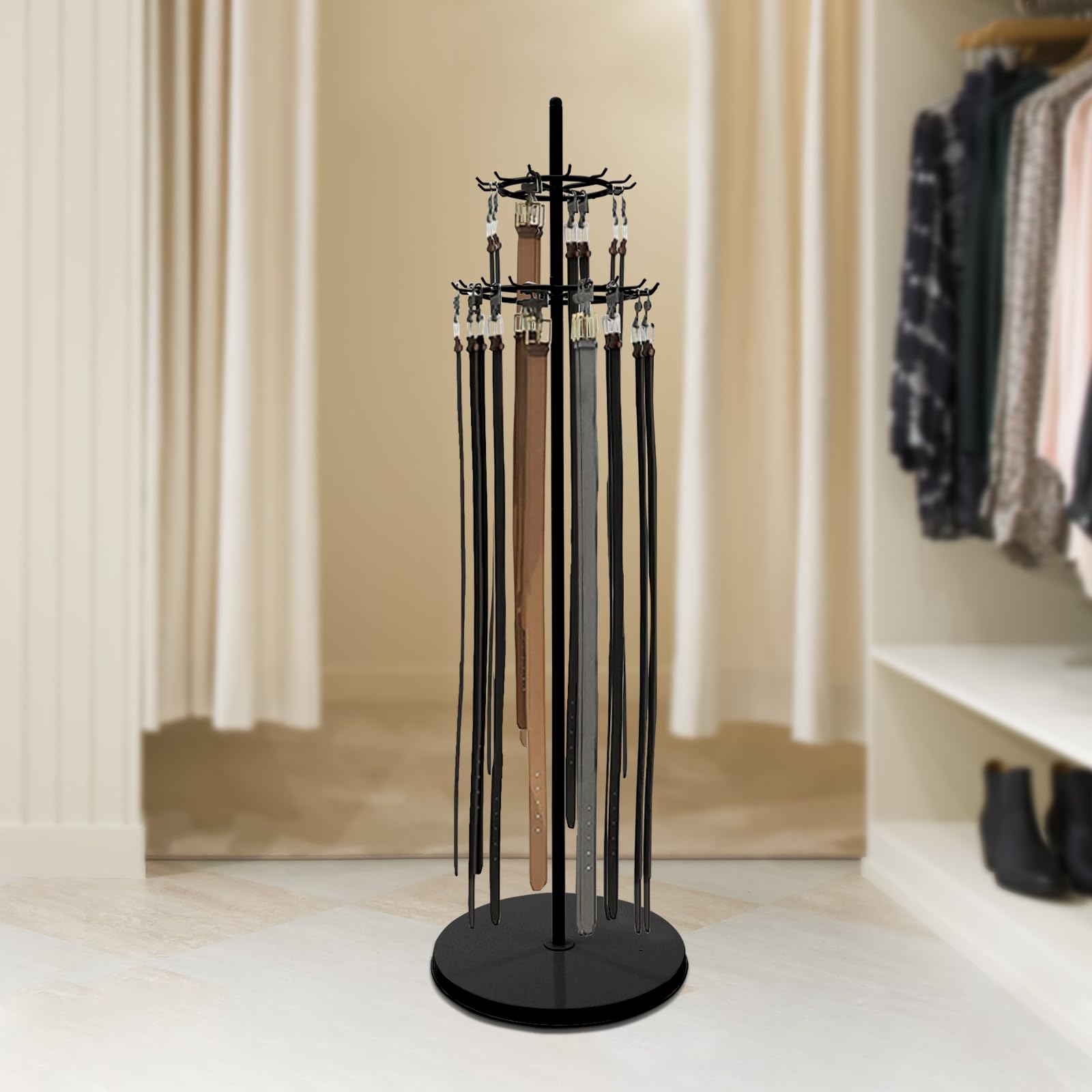 Floor Mounted Belt Rack Double Tier Retail Belt Display Rack 31 Hooks Ties Hanger Organizer Purse Shelf for Clothing Retail/Home(Black)