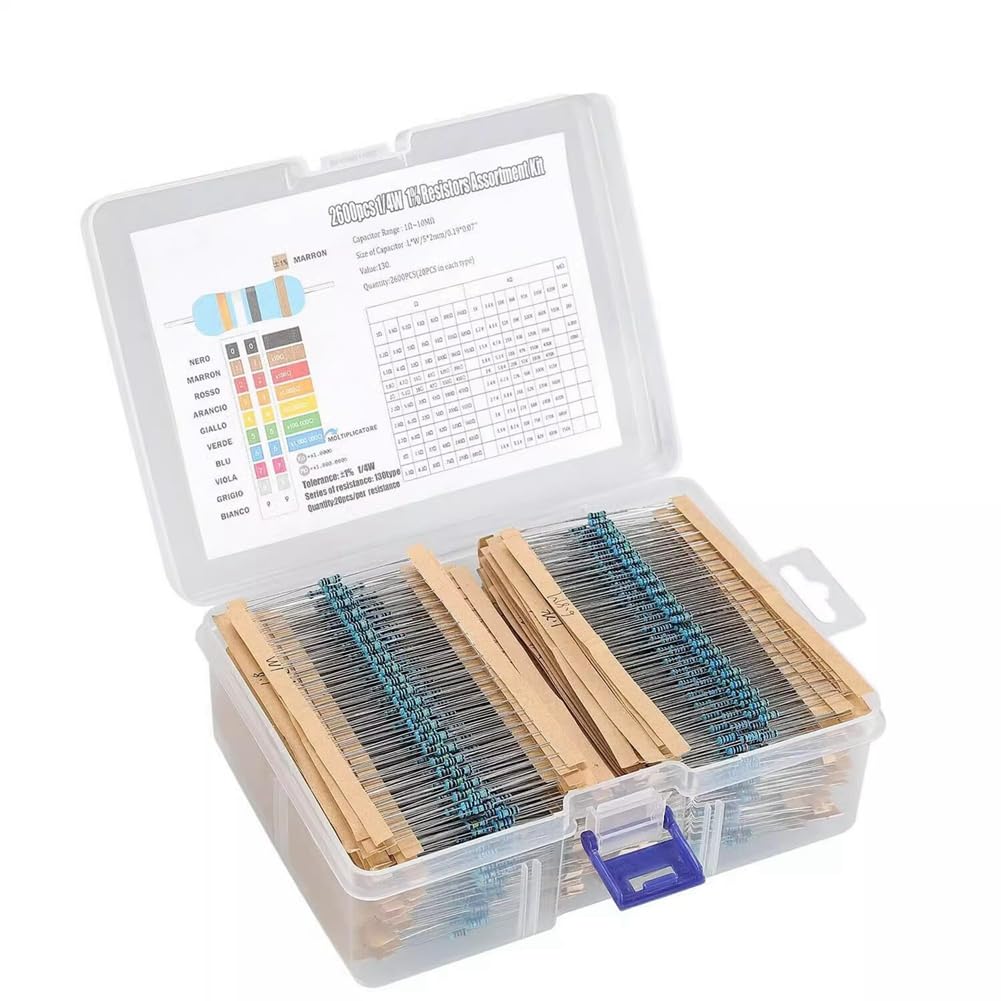qimoi 2600Pcs 130 Values Resistors Assortment Kit 1 Ohm- Ohm 0.25W 1/4W Metal Film Resistor Kit for Electronic Circuit DIY