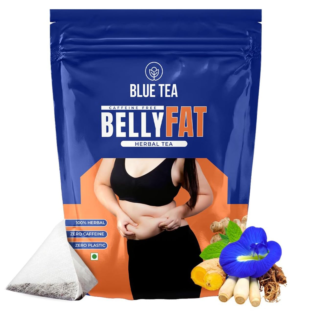 BLUE TEA - Belly Tea - 30 Tea Bags - Pyramid Plant Based | Caffeine Free - Herbal Tea - Sugar Free | Zipper Pack