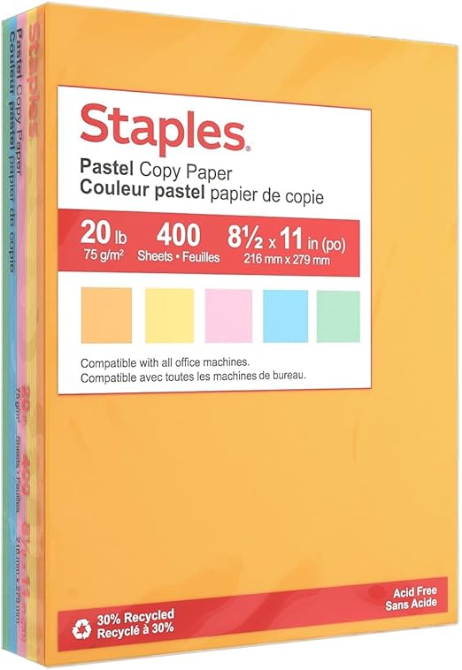 Staples Recycled Pastel Multipurpose Paper, 20 lbs., 8.5-inch x 11-inch, Assorted, 400 Sheets/Pack (14804)