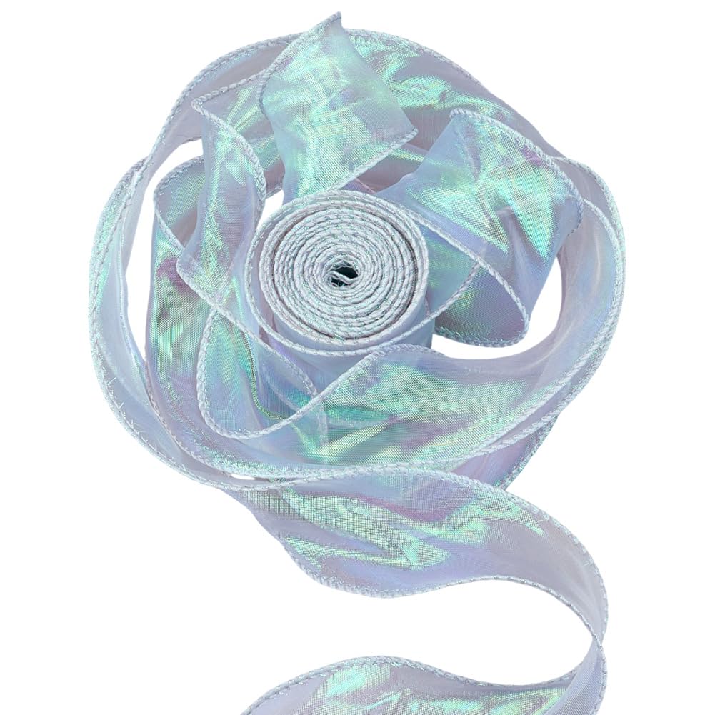 CABODYALS 5 Rolls 45.74M 40mm Iridescent Organza Ribbon Silver Shimmer Trim Chiffon Sheer Fabric Fishtail Yarn Transparent Sparkle Tulle Ribbons for Gift Wrapping Diy Craft Invitation Decor Bouquet