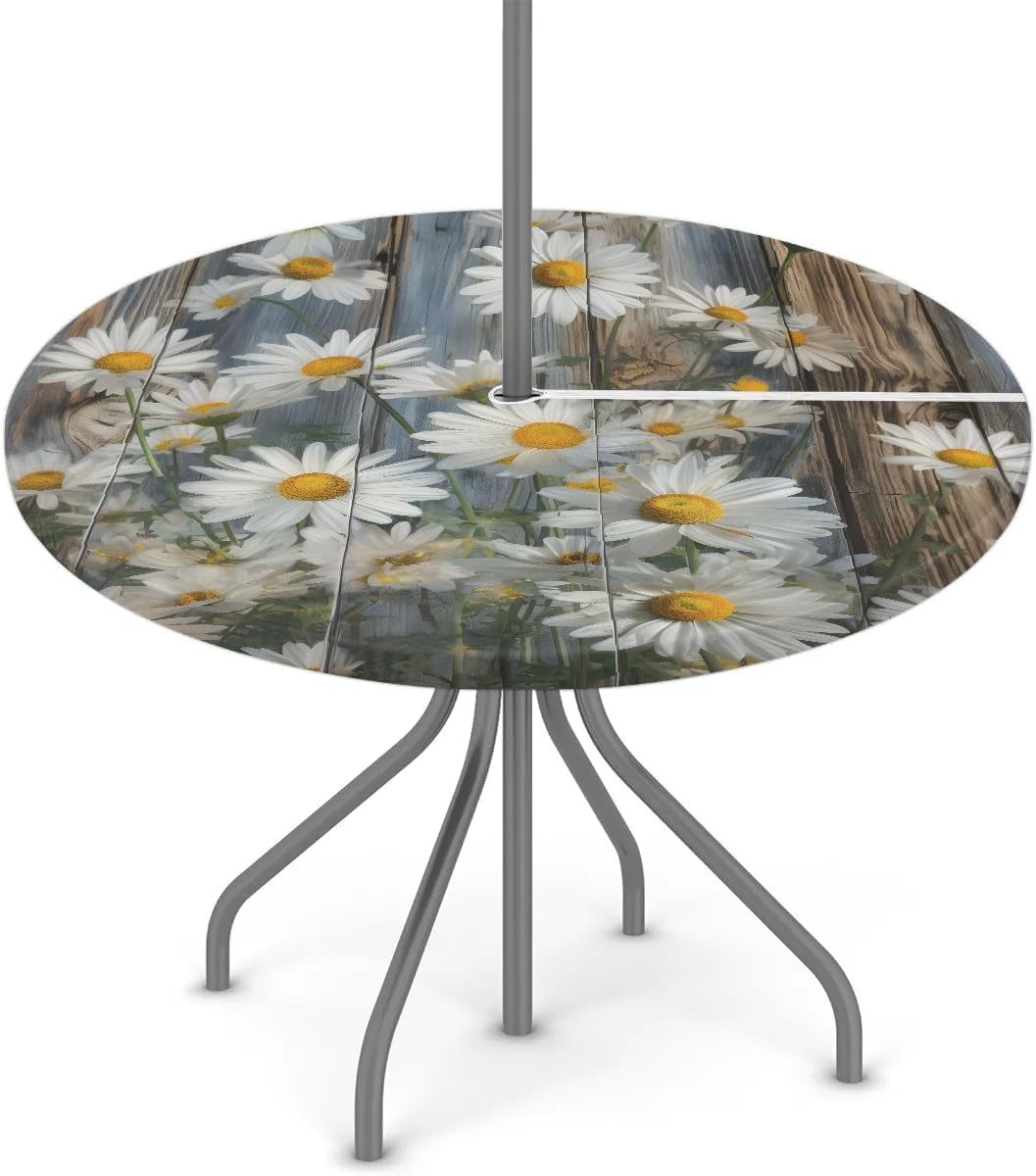 Pardick Round Fitted Tablecloth with Umbrella Hole Tropical Beach Outdoor Fitted Tablecloth with Zipper Round Elastic Table Cover Waterproof 45"- 56" Outdoor Patio Table Cloth for Picnic Beach