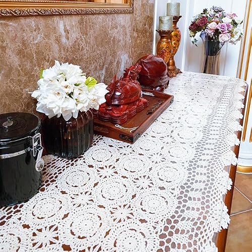 ABREEZE 1pc Handmade Crochet Tablecloth, 100% Cotton 15.7 Inch X 55 Inch White Lace Tablecloth for Dressing Table,Dining Table TV Bench