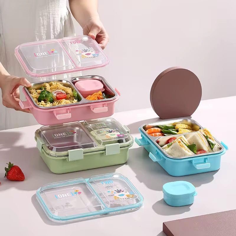 Image of PRIME DEALS Lunch Box 3 Compartment Leak-Proof BPA Free Stainless Steel, Lunch Box for Kids, Lunch Box for School & Office with a Fork, a Spoon and a Pair of Chopsticks (Pink, 3 Compartment)