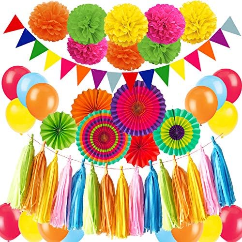 ZERODECO Holi Decorations, Multicolor Vibrant Hanging Paper Fans Pompoms Latex Balloon Tissue Paper Tassel Triangle Bunting Banner for Fiesta Mexican Cinco De Mayo Holi Decorations