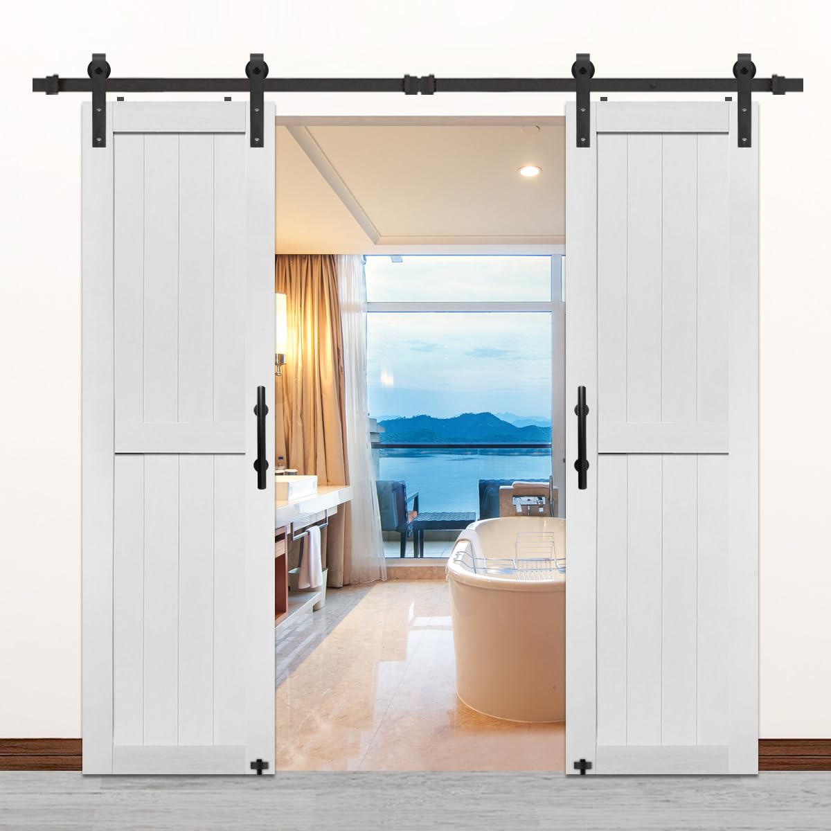S&Z TOPHAND® 24in x 84in MDF Double Barn Door with 8FT Sliding Door Hardware Kit, Solid Barn Door Slab Covered with Water-Proof PVC Surface, Simple Assembly is Required