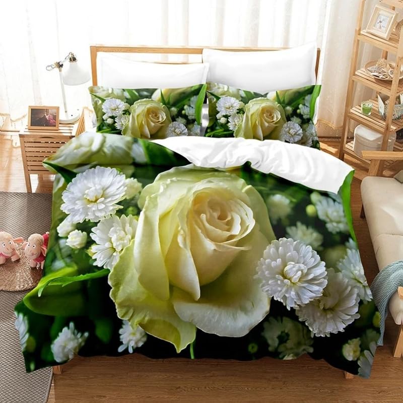 Parure de lit 240x260 haut de gamme en microfibre 110g/㎡ motif de rose