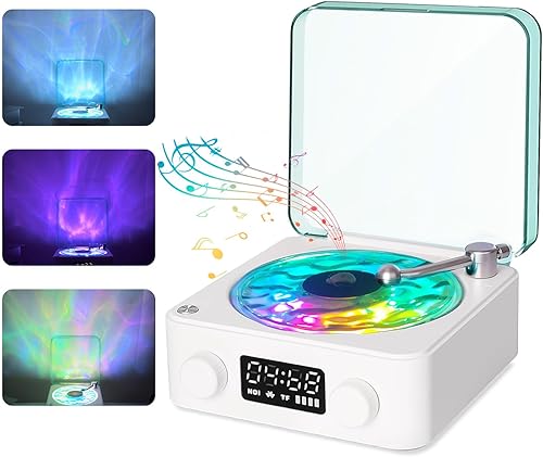 Waves - Altavoz Bluetooth de vinilo con tres luces ambientales, altavoz de vinilo aguamarina, reproductor de vinilo The Waves con luz y tiempo