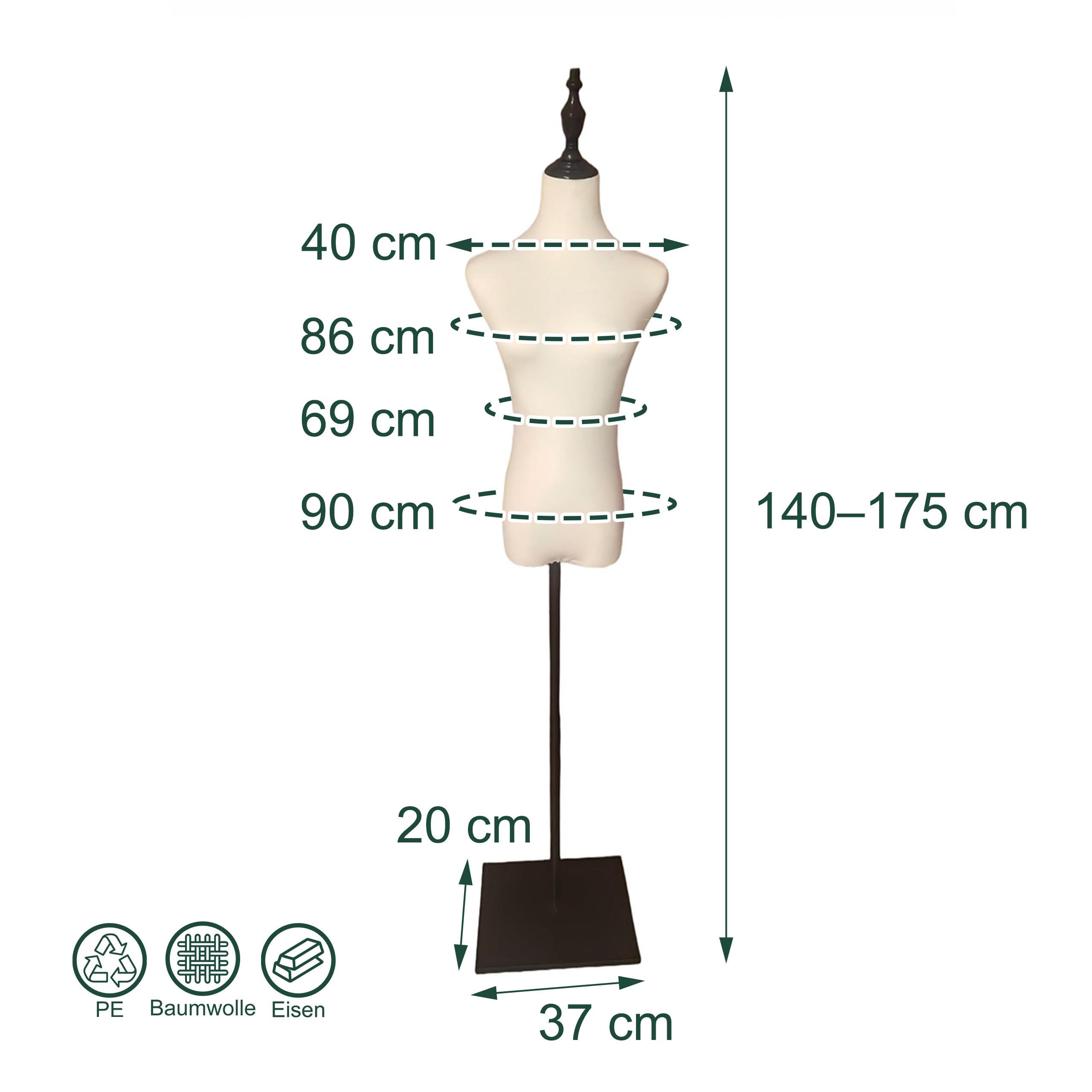 Relaxdays Schneiderpuppe, weiblich, Größe 36/38, höhenverstellbar 140–175 cm, Metall Standfuß, Nähpuppe, weiß/schwarz