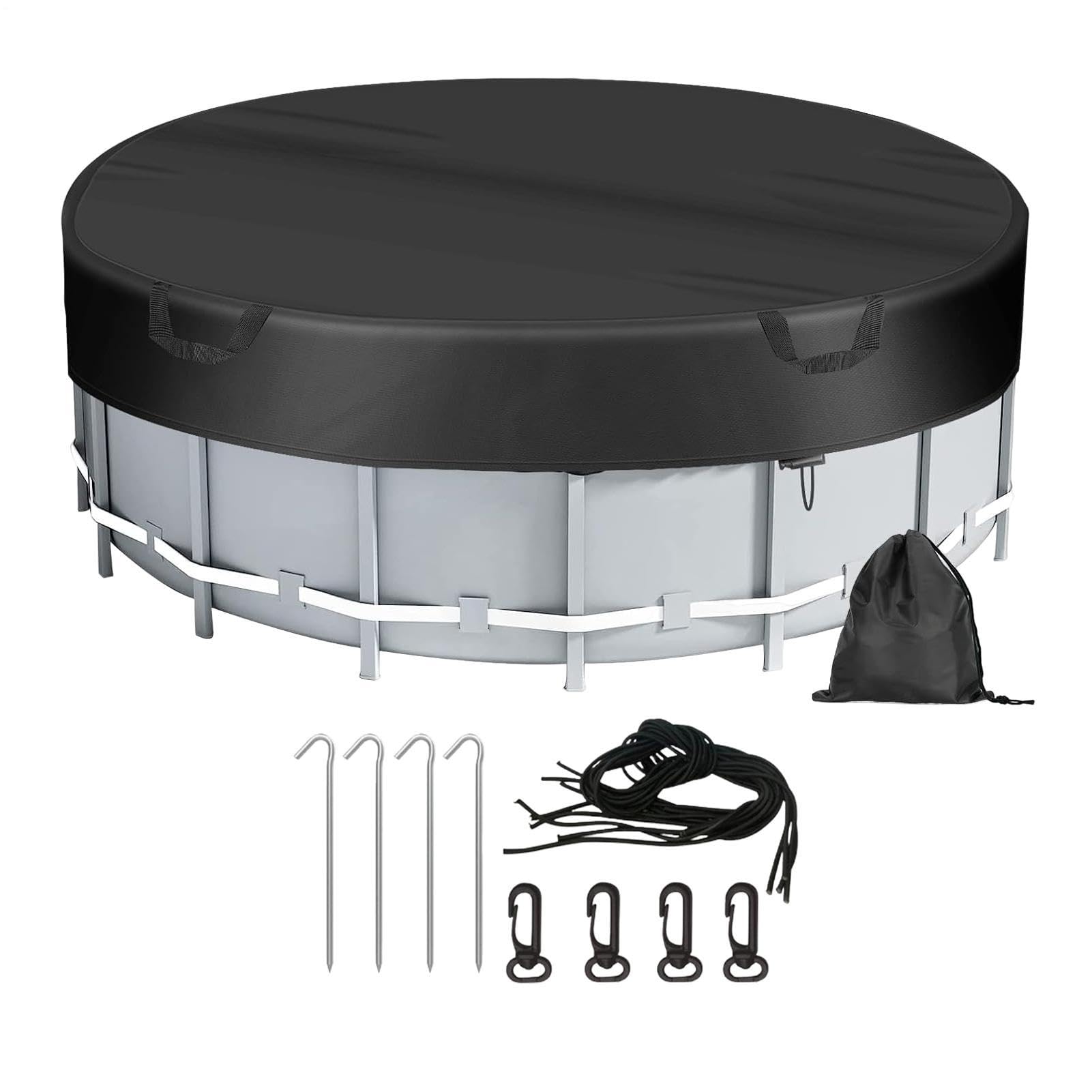 10FT Round Pool Cover For Aboveground Pools, Waterproof Dustproof UV Resistant Oxford Swimming Pool Protector Cover With Drawstring & Ground Stakes Increase Stability For Outdoor Garden Hot Tub