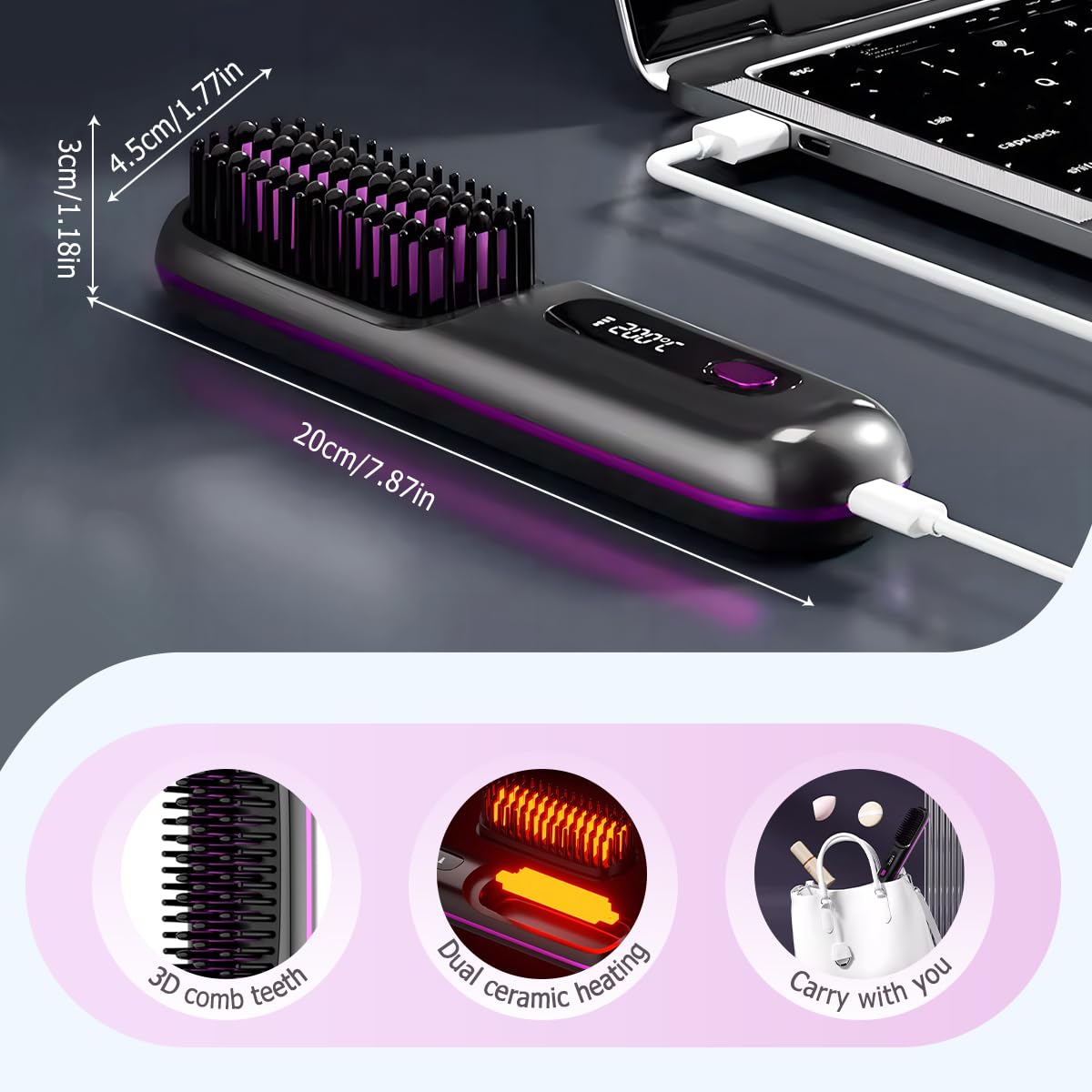 Glättbürste Kabellose, 2026 Neu Kabellose Glättbürste mit LED-Anzeige 3 Temperatureinstellung, Mini Glättbürstes 160-200℃ Haarglätter Bürste Kabellos Anti-Verbrühung (Weiß)