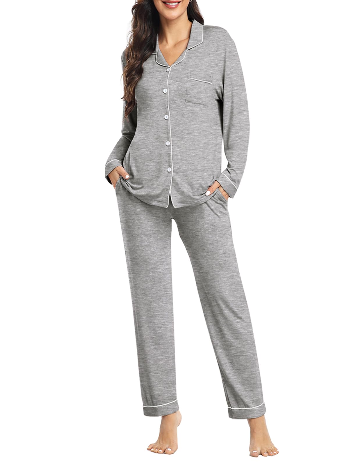 YOPUGEE Womens Modal Button Up Pajamas 2 Piece Long Sleeve Comfy Pjs Sleepwear Soft Pajama Lounge Set Loungewear S-3XL