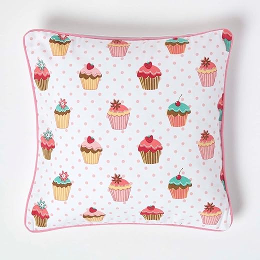 Homescapes Kissenbezug mit Cupcakes-Muster, quadratische Kissenhülle 45 x 45 cm für Zierkissen und Kinderkissen aus 100% Baumwolle mit Reißverschluss, rosa, Muffin-Aufdruck