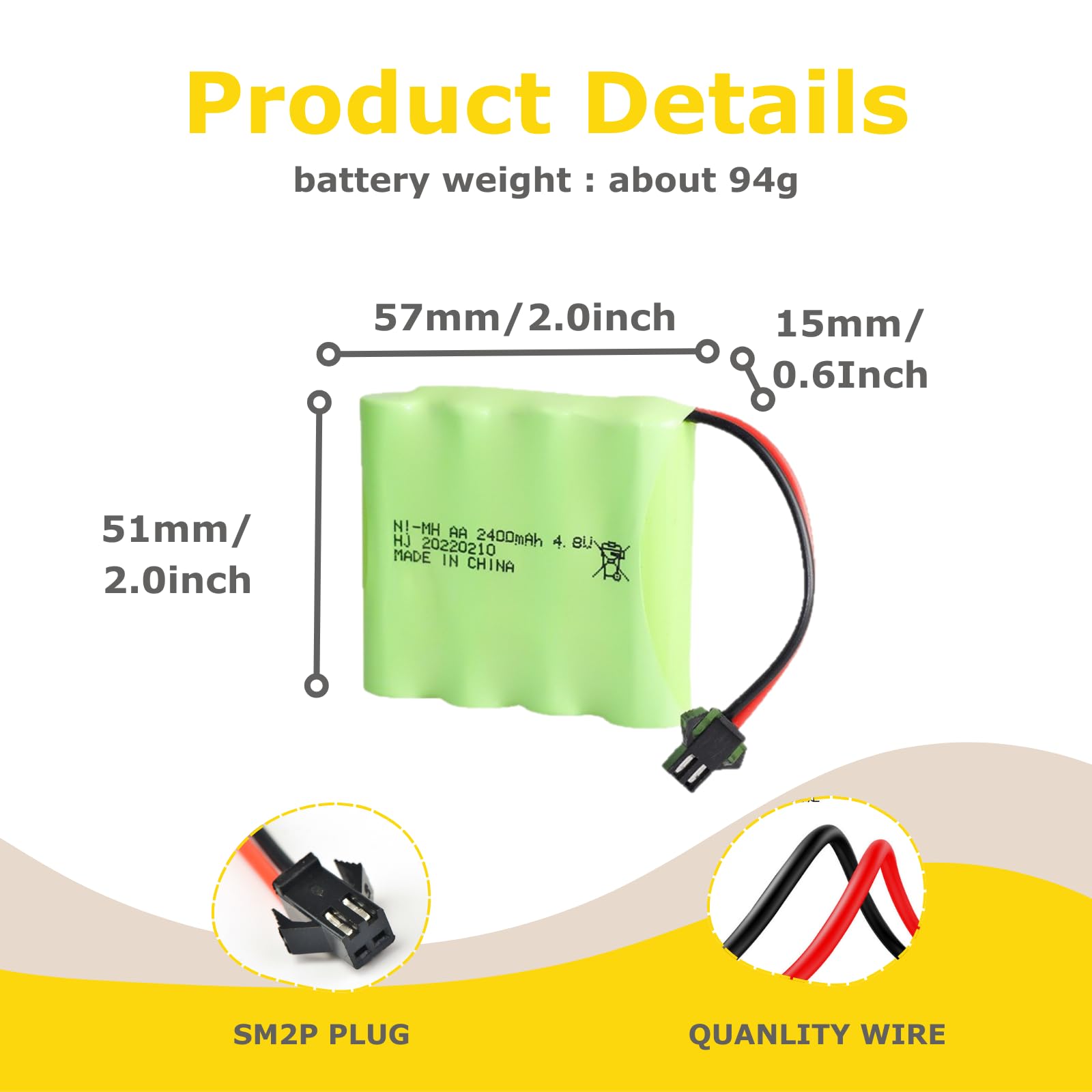 MXJFYY Batería Recargable Ni-MH De 4.8V Y 2400mAh Con Conector SM – Ideal Para Juguetes RC, Herramientas Eléctricas Y Camiones De Construcción