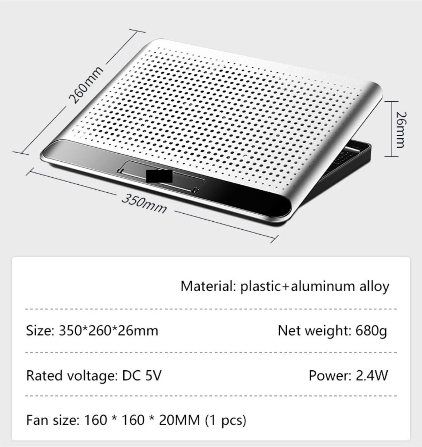 Podstawka Chłodząca Stabilny Podkładka Chłodząca Pod Laptopa Do Gier Z Regulacją Wysokości I Dwoma Portami USB Cichy Biurko(Black)