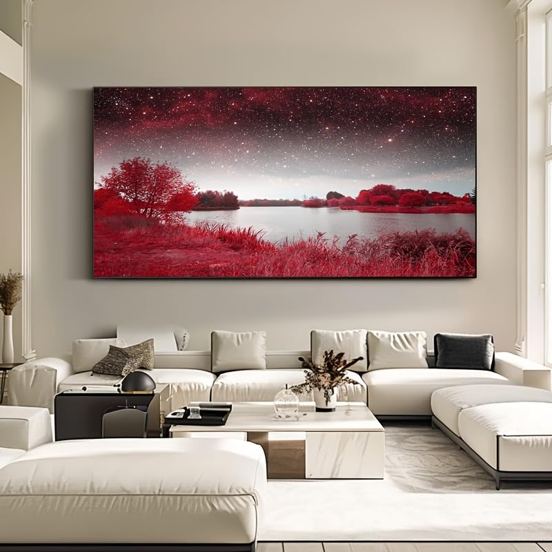 Tableau sur toile abstrait paysage rouge étoilé rétro 80x160cm