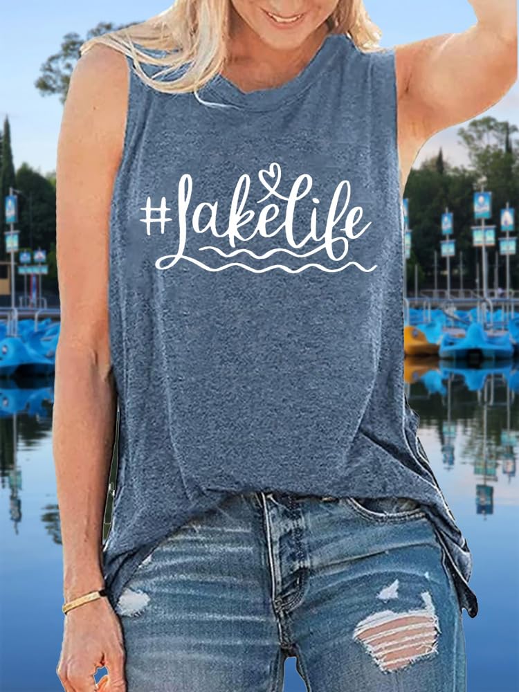 Lake Clothes for Women Vintage Lake Life Letter Print Saying Tank Tops Summer Casual Sleeveless Crewneck Fishing Boating Tank Tops(Ink Blue M)