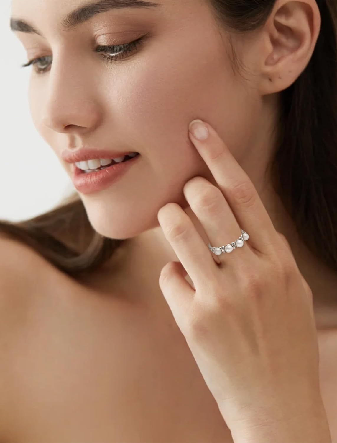 Pearl Stackable Rings For Women, 925 Sterling Silver Freshwater Cultured Pearl Rings Cubic Zironia Eternity Band Jewelry