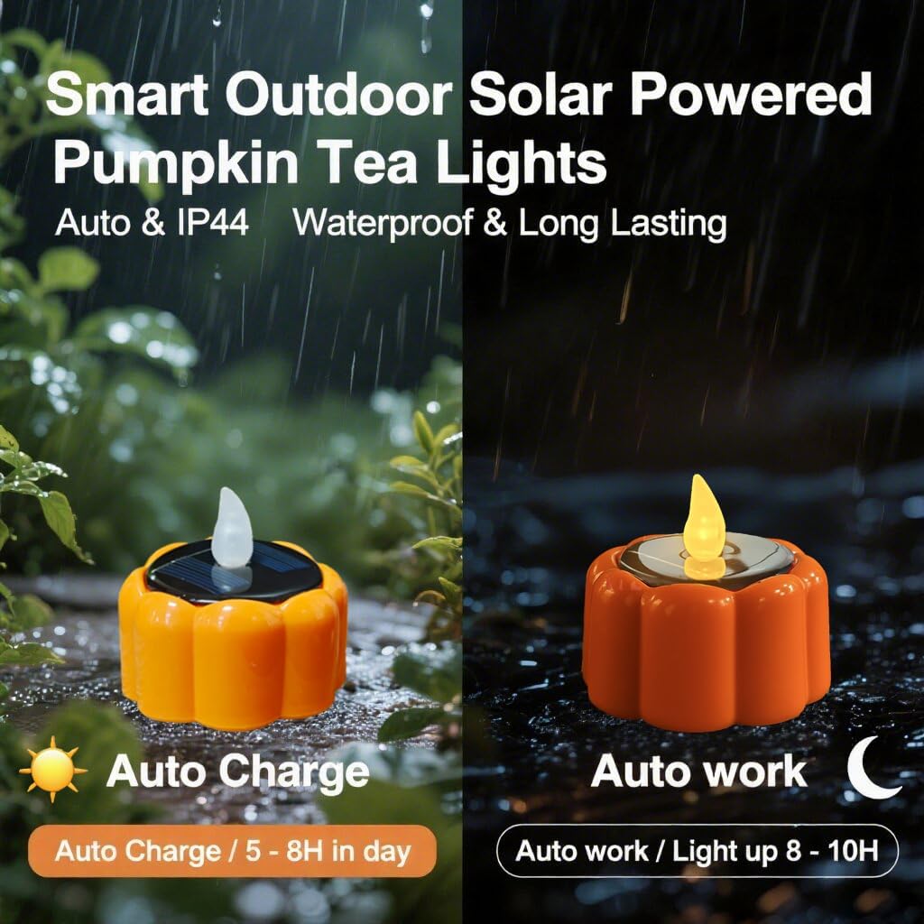 6PCS Orange Solar Pumpkin Tea Lights Outdoor Candle,Autumn Flameless Candles Battery Operated IP44 Waterproof Reusable for Halloween Christmas Party,Fall Garden Camping Home Decor