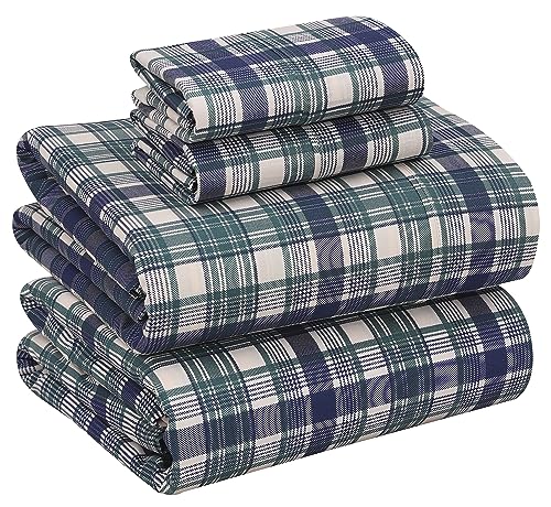 RUVANTI 100% Cotton Sheets Queen Size Set, 4 Pieces, Soft & Breathable Percale Weave Bedding, Deep Pocket 16", Hotel Standard, Crisp Cool Feeling, Durable, Perfect Plaid Bed Sheet, Greenish Blue Plaid