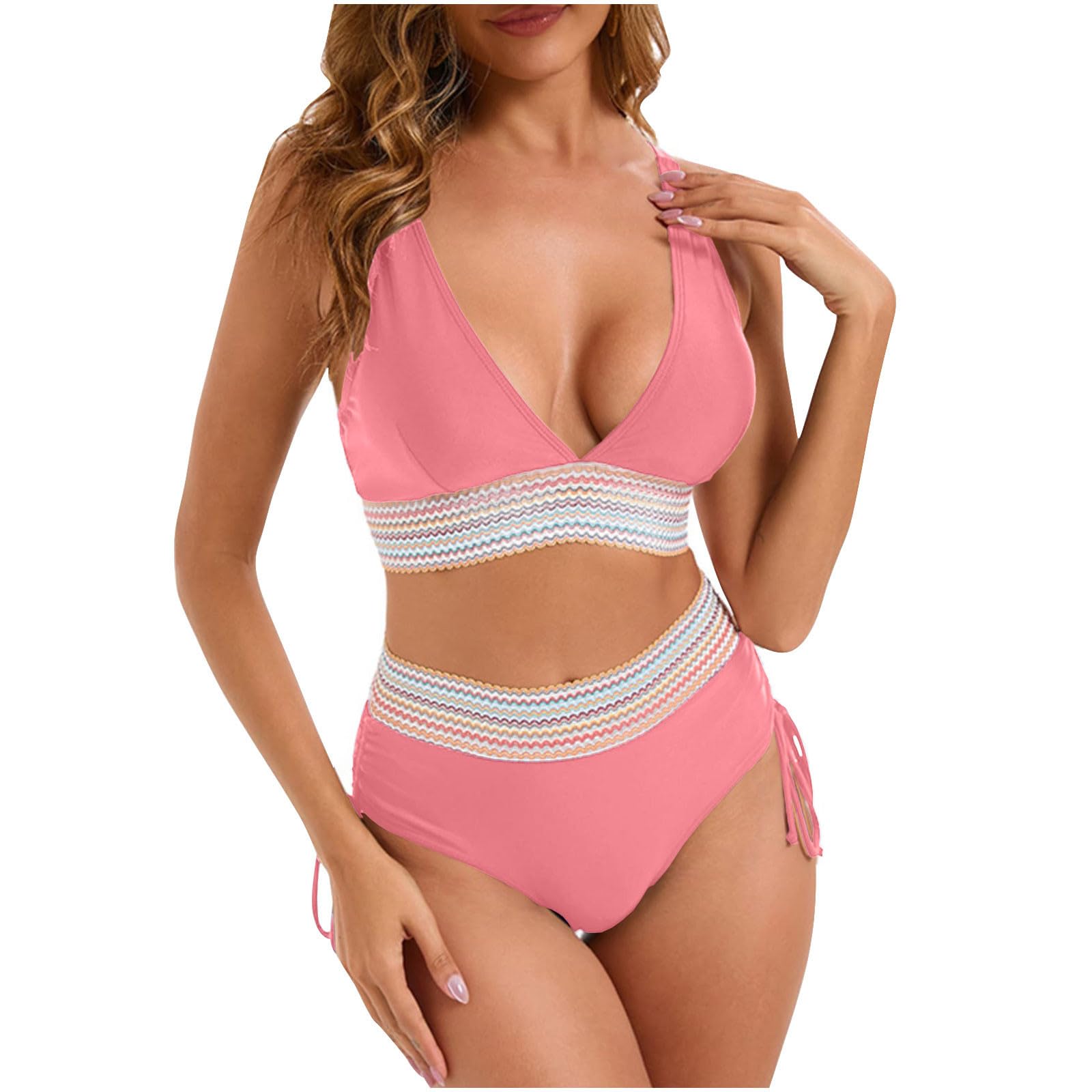 NATHGAM Bikini Sets for Women Two Piece Tummy Control Swimsuits High Waisted Bathing Suit Floral Print Tie Side