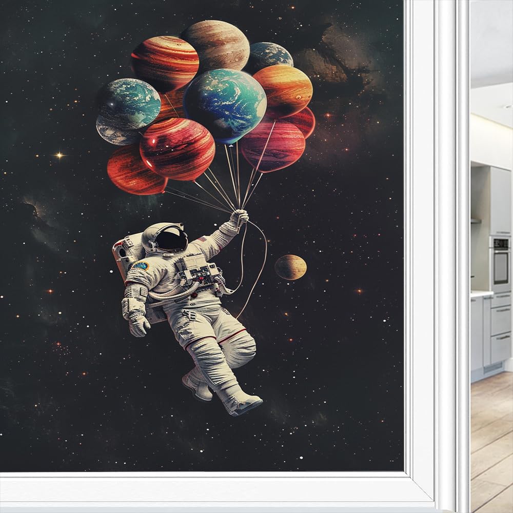 Retro Astronaut Buntglas Fensterfolie, Ballon Planet Modern Space Dekorative Milchglas Sichtschutzfolie Wärmeregulierung Statisch Haftende Fensteraufkleber 90x140cm
