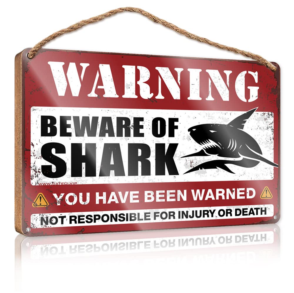 DTHA Wooden Home Sign Beware Of Shark Wooden Sign Funny House Signs Bathroom Decor Wall Art(20X30CM)