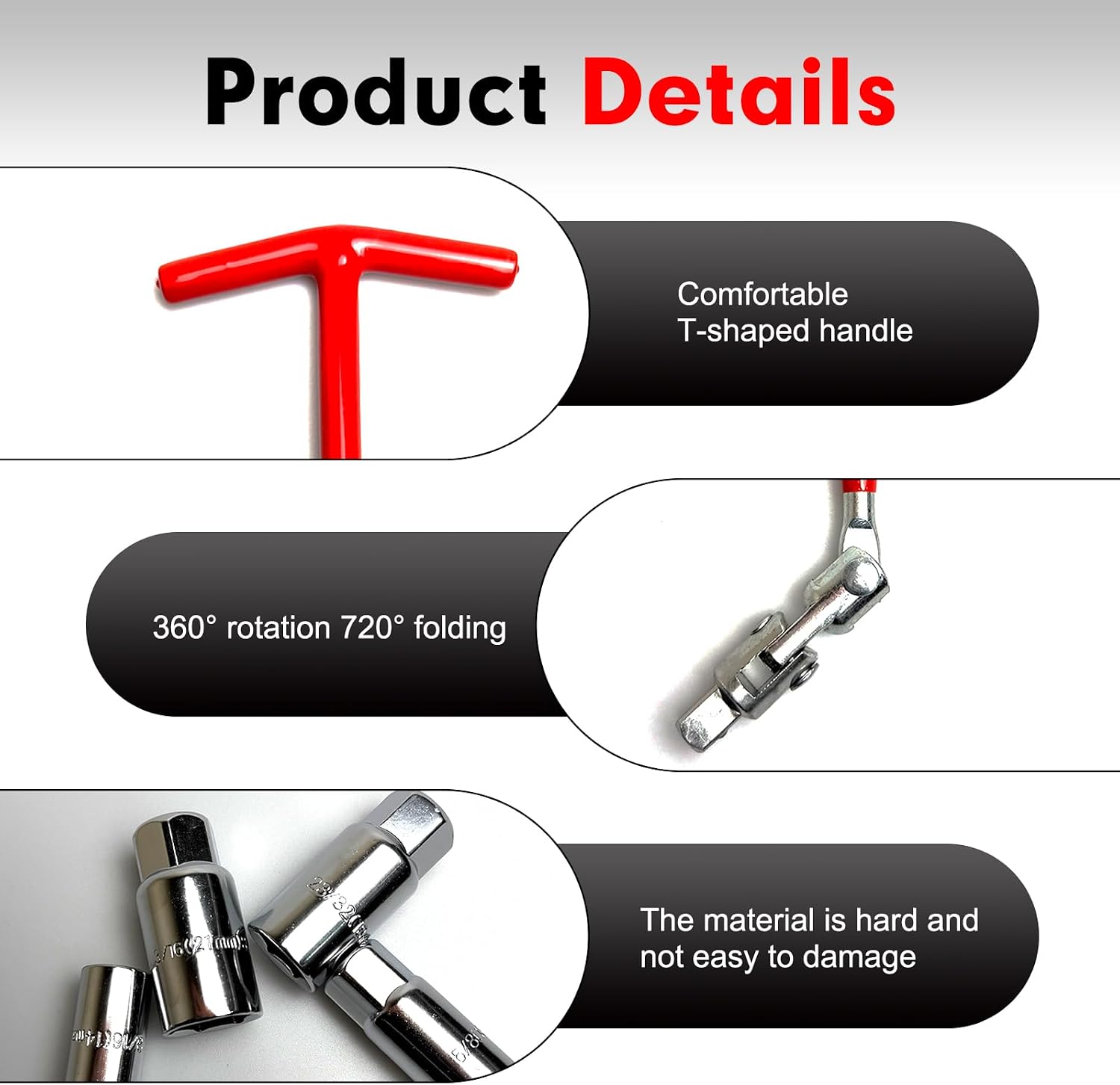 5 PCS Spark Plug Socket Wrench, T-Handle & 14mm/16mm/18mm/21mm Heavy Duty Spark Plug Remover Installer Set, Universal Maintenance Tool for Most Cars, Motorcycles, Lawn Mowers (Red)