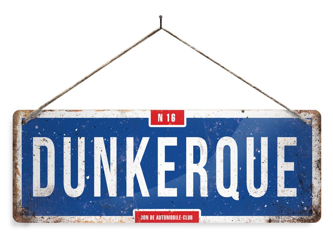WW2 Locations DUNKERQUE. XL metal sign with 2 holes and twine. Vintage war crown office door Allied
