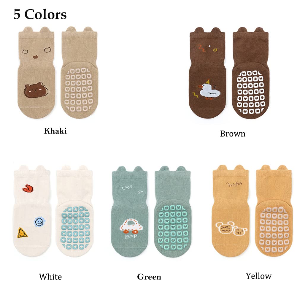 Exegawe Toddler Non Slip Socks, Cute Baby Socks with Grips Crew Socks 5 Pairs, F-5 Mix Colors, 1-3T