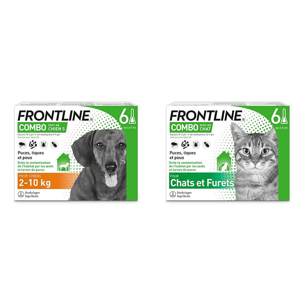 FRONTLINE Combo Chien - Anti-puces et Anti-tiques pour Chien - 2-10kg - 6 pipettes & Combo Chat - Protège L'Animal & L'Habitat - Jusqu'à 4 Semaines - 6 Pipettes Application Spot on
