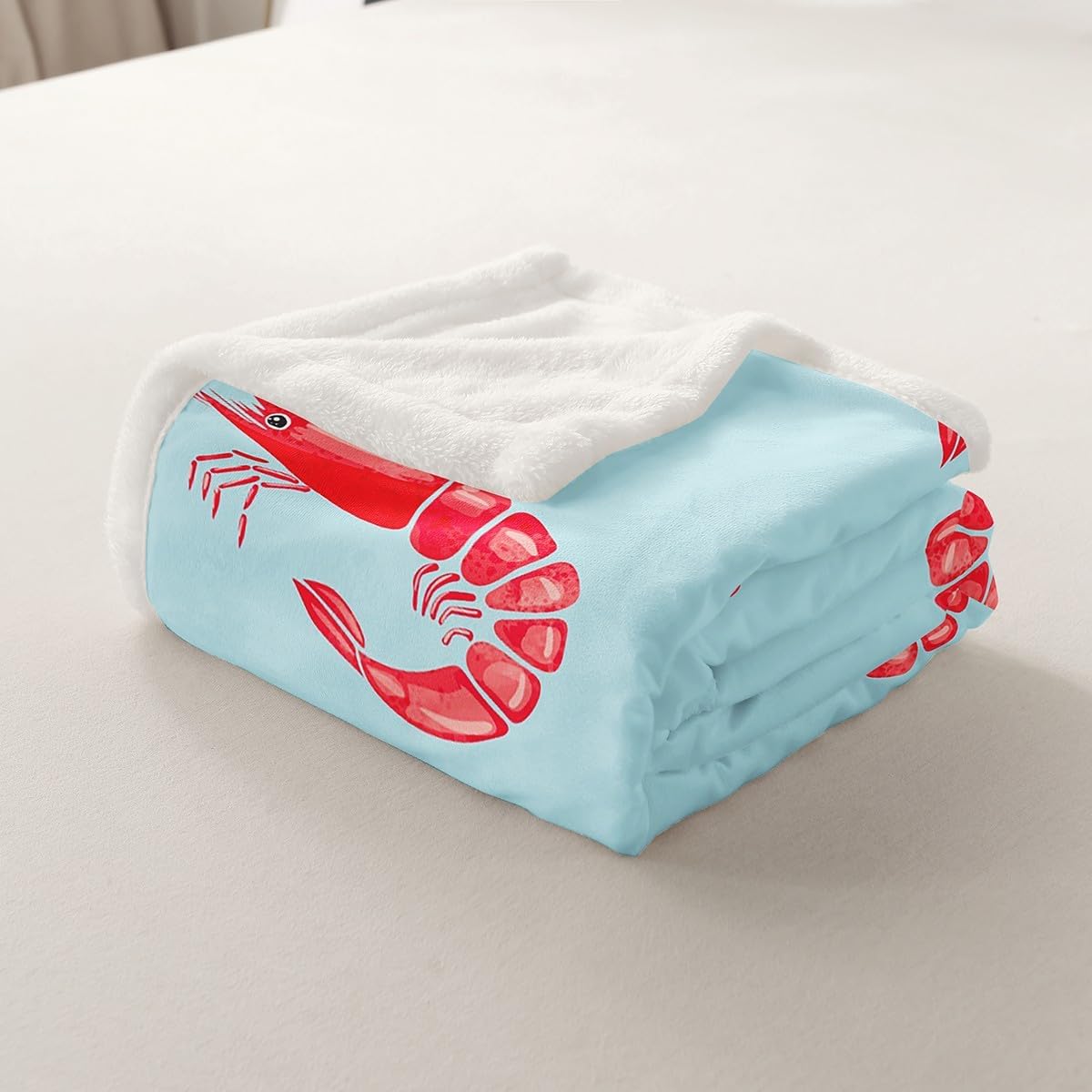 Red Shrimp Pattern Sherpa Blanket Couch Sofa Chair Bed Light Blue Ultra Soft Flannel Throw Microfiber Warmly Blanket Size(50inchx60inch)