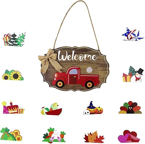 Alnicov Letrero con texto en inglés "Red Truck Welcome", con 12 letreros de temporada, para puerta delantera intercambiable, decoración del hogar,
