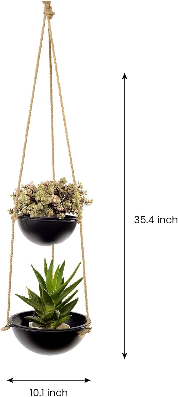 Decozen Hanging Planters Pot with Jute Rope and Metal Hanger - Flower Plant Holders for Indoor Outdoor Front Porch Patio Home Living Room Garden Decor - Set of 2