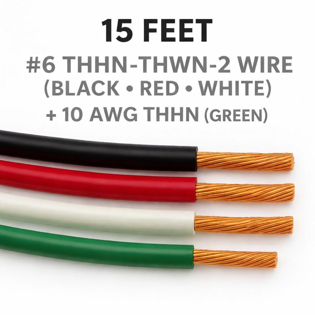 15 FT THHN Stranded Copper Wire – 6 AWG Black, Red, White + 10 AWG Green Ground
