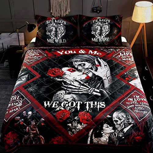 Gothic Skull Bedding Decorations, Anniversary, Birthday Gifts for Couple, Him, Her, Wife, Husband, Romantic Gift for Boyfriend, Girlfriend, Long Distance Relationship Gifts, King Size Bedding Set