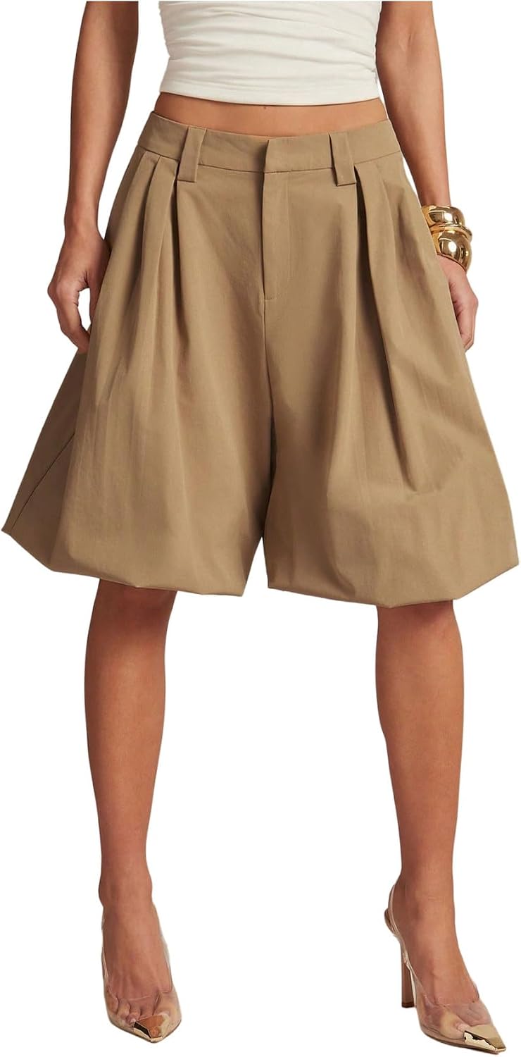 MakeMeChic Women's Wide Leg Bermuda Shorts Low Rise Dressy Bubble Shorts