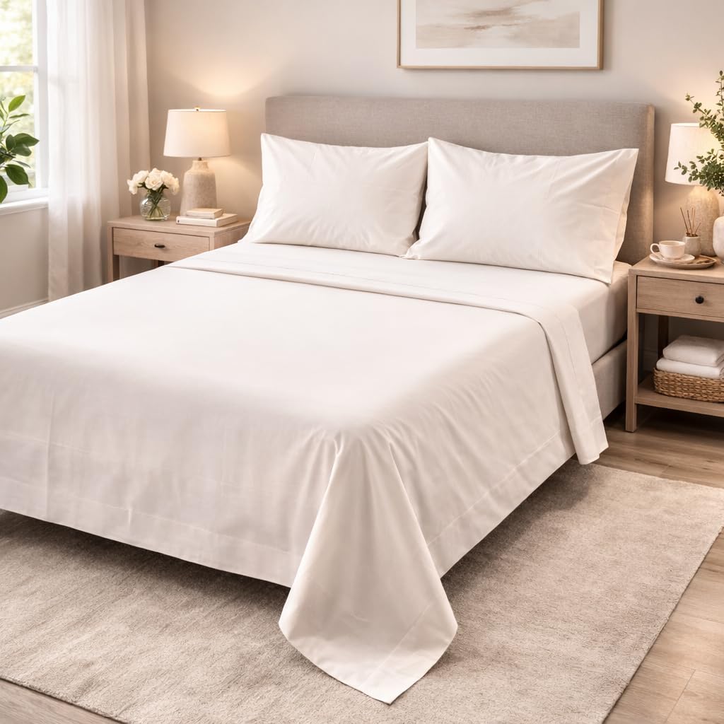 Completo Lenzuola Matrimoniali 100% Cotone – 4 Pezzi con Lenzuolo Sotto con Angoli, Lenzuolo Sopra e 2 Federe – Tinta Unita, vari colori – Qualità Italiana (Bianco, Matrimoniale)