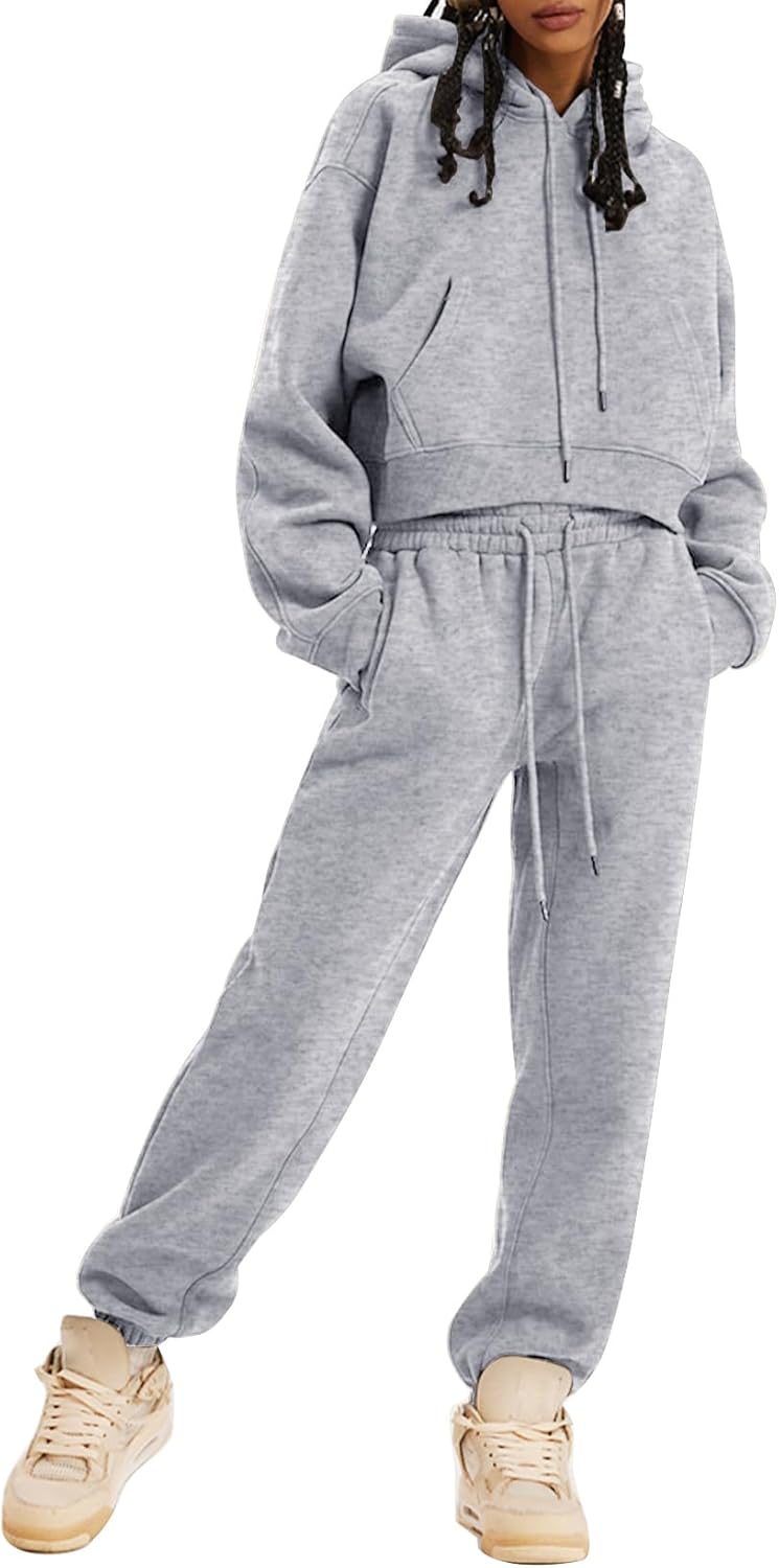 Kissonic Women's Fleece Jogger Sets 2 Pieces Sweatsuits Outfits Crop Top Hoodies Jogger Pants - Image 5