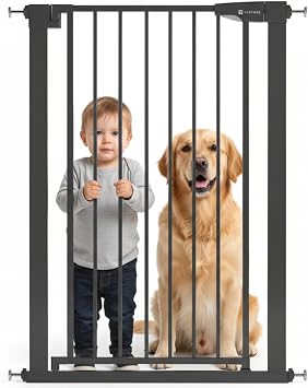 Venture Stair Gate - Q-Fix 110cm Extra Tall Baby Gate for Stairs & Doorways - 73-80cm Wide Indoor Dog Gate, Pressure Fit with Auto-Close & 90  Two-Way Open - Black
