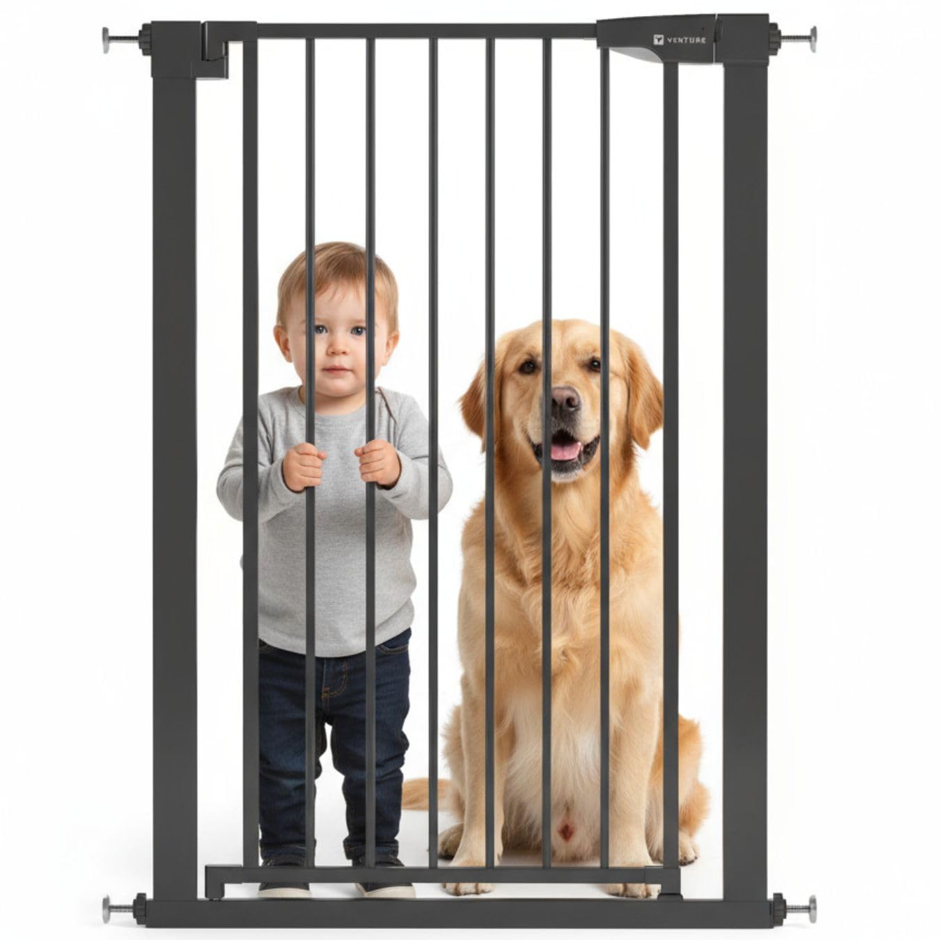 Venture Stair Gate - Q-Fix 110cm Extra Tall Baby Gate for Stairs & Doorways - 73-80cm Wide Indoor Dog Gate, Pressure Fit with Auto-Close & 90° Two-Way Open - Black
